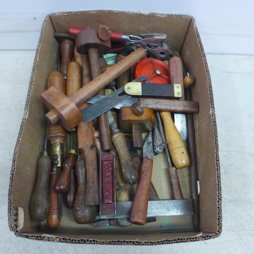 5008 - 2 boxes of vintage woodworking tools including set squares, spoke shave, screwdrivers, etc.