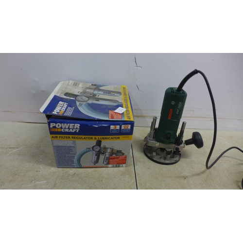 5010 - A 240V electric fret saw/scroll saw, a hydraulic trolley jack, a Bosch POF-500-A plunge router, a JE... 