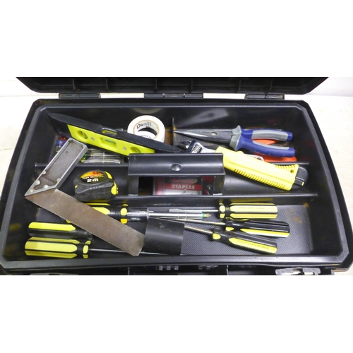 5037 - A Stanley Mobile Work Center toolbox containing assorted hand tools including screwdrivers, tape mea... 