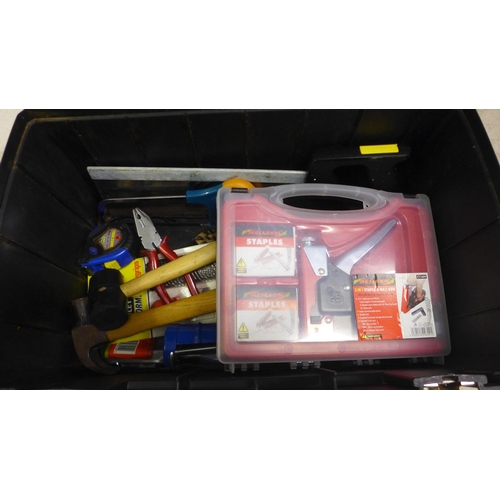 5037 - A Stanley Mobile Work Center toolbox containing assorted hand tools including screwdrivers, tape mea... 