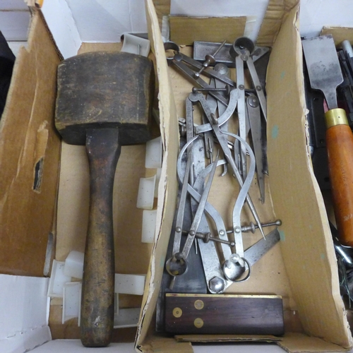 5045 - A box of assorted hand tools including set square and compass dividers, rulers, chisel, scissors, to... 