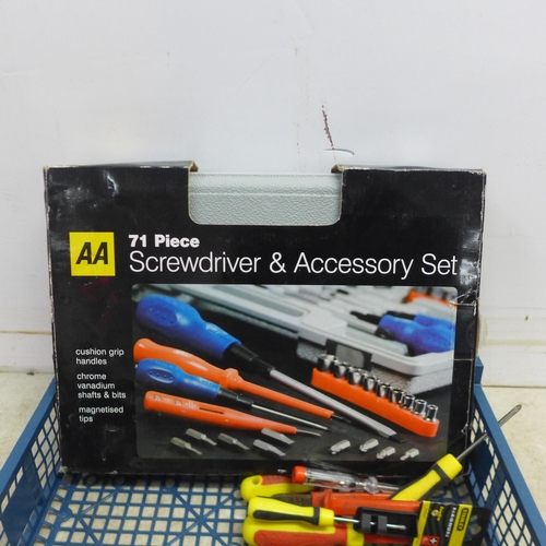 5051 - An AA 71 piece screwdriver set in case, two barrel foot pumps and a quantity of loose screwdrivers