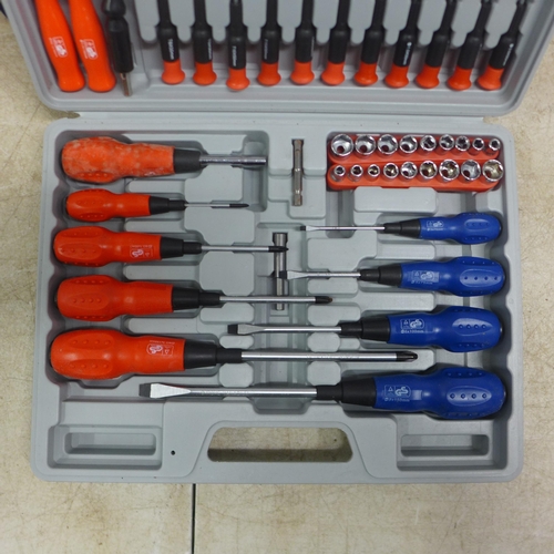 5051 - An AA 71 piece screwdriver set in case, two barrel foot pumps and a quantity of loose screwdrivers