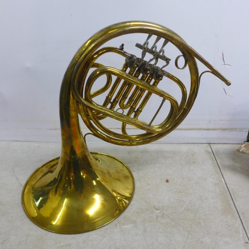 5082 - 2 brass French horn wind instruments, both in cases