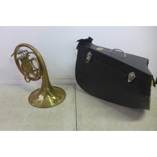 5082 - 2 brass French horn wind instruments, both in cases