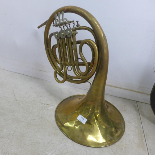 5082 - 2 brass French horn wind instruments, both in cases