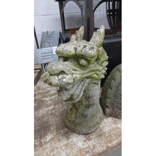 5227 - A large three piece stone effect concrete oriental dragon ornament