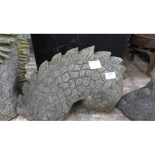 5227 - A large three piece stone effect concrete oriental dragon ornament