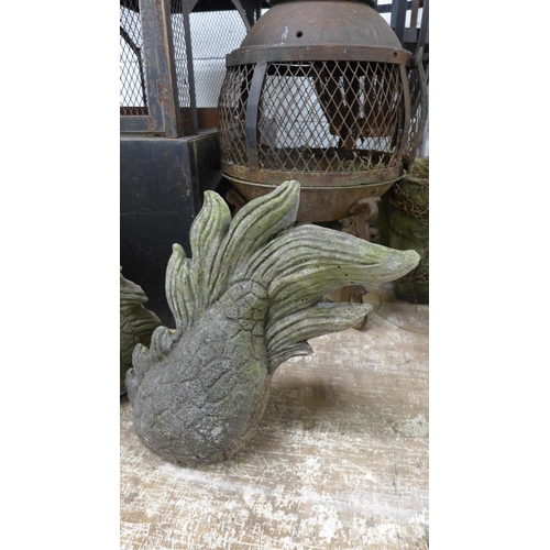 5227 - A large three piece stone effect concrete oriental dragon ornament