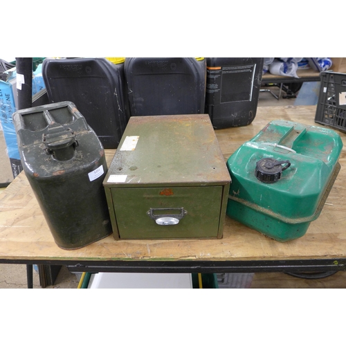 5351 - 2 vintage metal petrol cans and a single drawer steel cabinet including assorted sockets and socket ... 