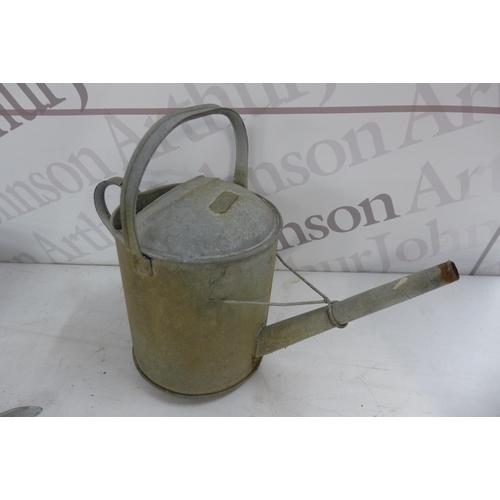 5353 - A galvanized 2 gallon watering can, a small anchor, a galvanized mop bucket and a metal pot