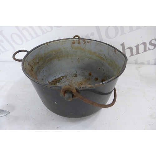 5353 - A galvanized 2 gallon watering can, a small anchor, a galvanized mop bucket and a metal pot