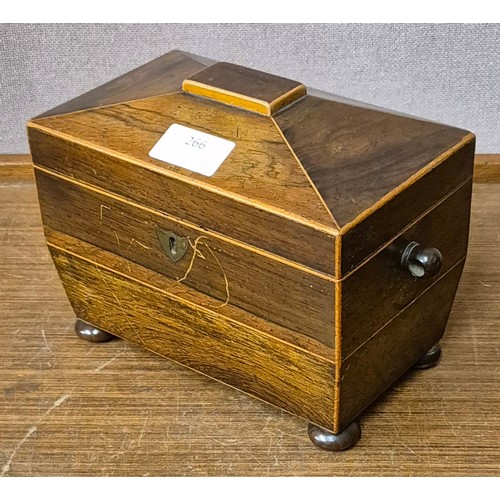 266 - A Regency inlaid rosewood sarcophagus shaped tea caddy