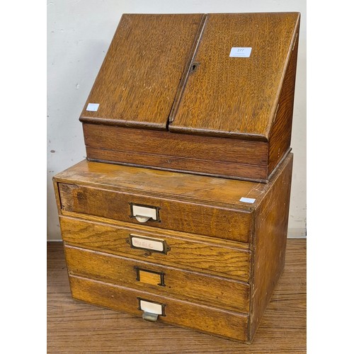 277 - A Victorian mahogany stationary rack, a table top index filing cabinet and a clerks writing slope