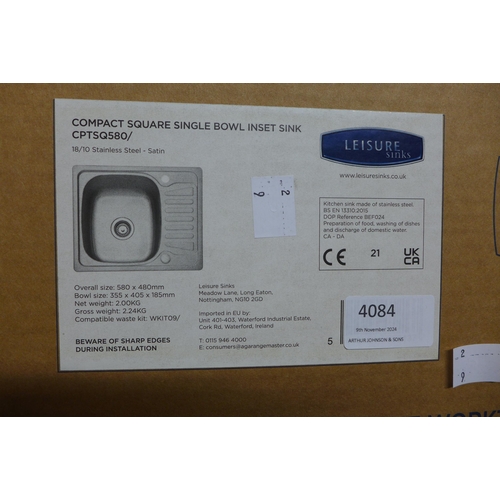 4084 - Compact square single bowl inset sink  RRP £89.99 (468-9), *This lot is subject to VAT