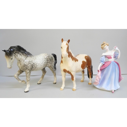 2010 - Two Beswick horses and a Royal Doulton figure, (Beswick grey a/f, small chip to each ear)