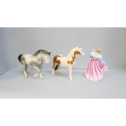 2010 - Two Beswick horses and a Royal Doulton figure, (Beswick grey a/f, small chip to each ear)