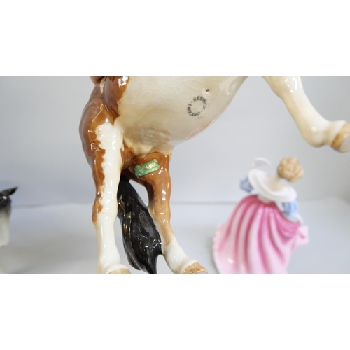 2010 - Two Beswick horses and a Royal Doulton figure, (Beswick grey a/f, small chip to each ear)