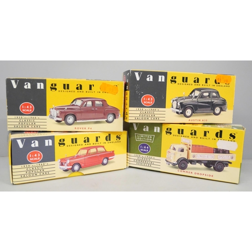 2030 - Four Vanguards model vehicles, Austin A35, Triumph Herald, Commer Dropside and Rover P4, boxed