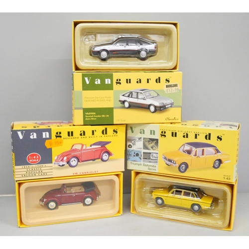 2032 - Three Vanguards model vehicles, Vauhall Cavalier, Triumph Dolomite, VW Cabriolet, boxed