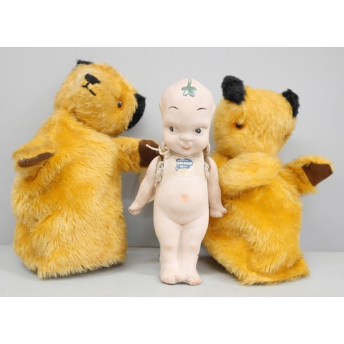 2040 - Two early Sooty glove puppets and a WWI Fumsup Kewpie doll