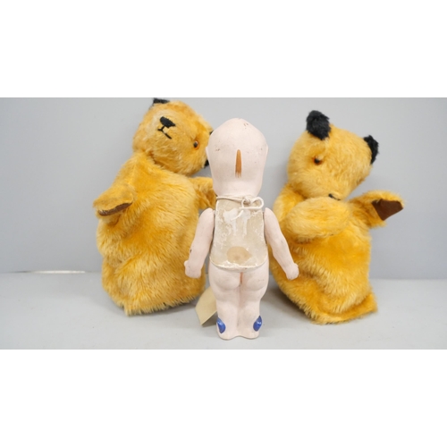 2040 - Two early Sooty glove puppets and a WWI Fumsup Kewpie doll