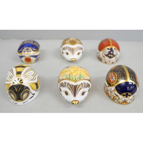 2046 - A collection of six Royal Crown Derby hedgehog paperweights with gold stoppers