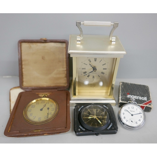 2061 - An Ingersoll pocket watch, a travel clock, a Citizen clock and one other clock