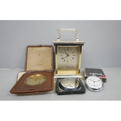 2061 - An Ingersoll pocket watch, a travel clock, a Citizen clock and one other clock