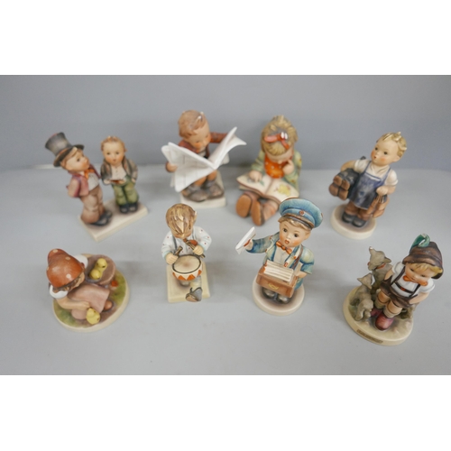 2064 - Eight Hummel figures including Boy Reading Newspaper and Little Goat Herder (a/f)