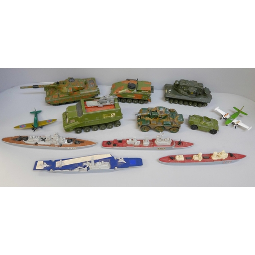 2074 - A collection of military model vehicles including Dinky Toys and some model ships