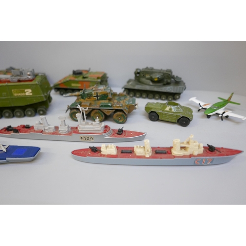 2074 - A collection of military model vehicles including Dinky Toys and some model ships