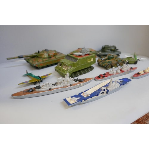 2074 - A collection of military model vehicles including Dinky Toys and some model ships