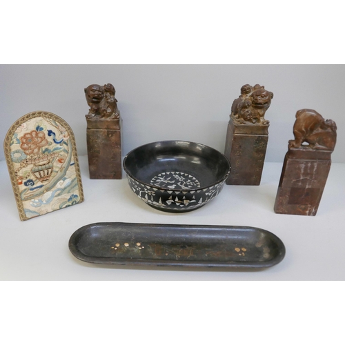 2085 - Oriental lacquer ware, three soapstone seals and an embroidered silk panel