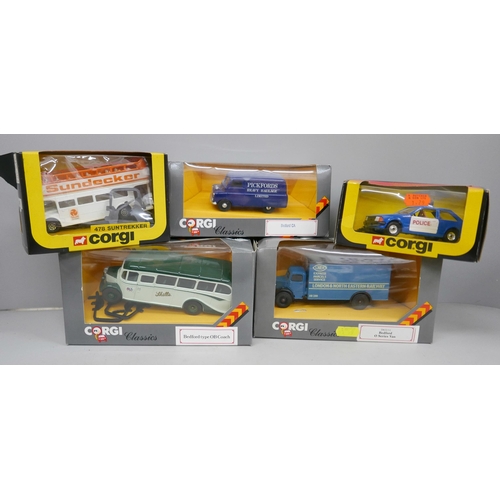 2111 - Five Corgi Toys die-cast model vehicles including 478 Suntrekker and Bedford Type OB coach