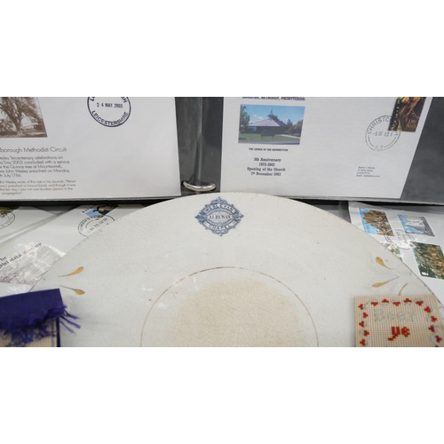 2121 - A box of religious ephemera and items including Alrewas Wesleyan Chapel plate, postcards, crucifixes... 