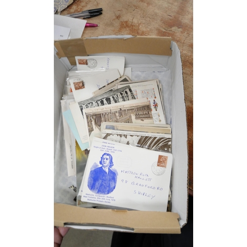 2121 - A box of religious ephemera and items including Alrewas Wesleyan Chapel plate, postcards, crucifixes... 