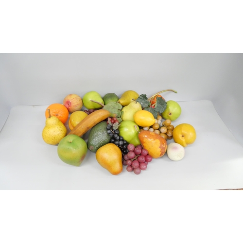 2122 - A box of faux fruit and a box of assorted items including two cameras