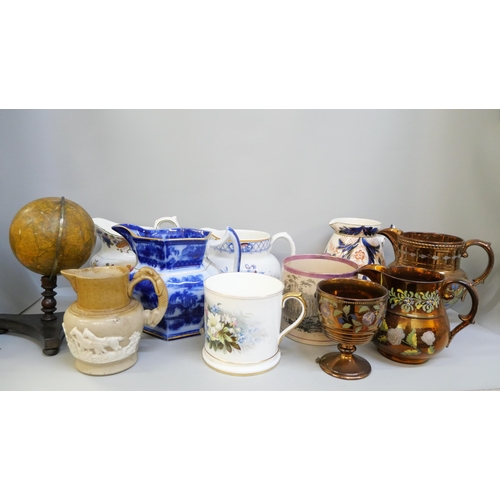 2148 - A collection of 19th Century and later jugs and a model of a globe on stand **PLEASE NOTE THIS LOT I... 