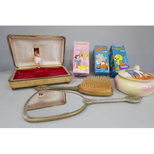 2165 - A collection of dressing table items and Disney soaps from the 1970s, a jewellery box with ballerina... 