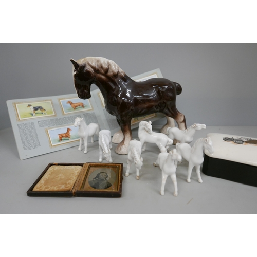 2174 - A shire horse and seven miniature white horses, a Wade trinket box featuring 1907 Rolls Royce Silver... 