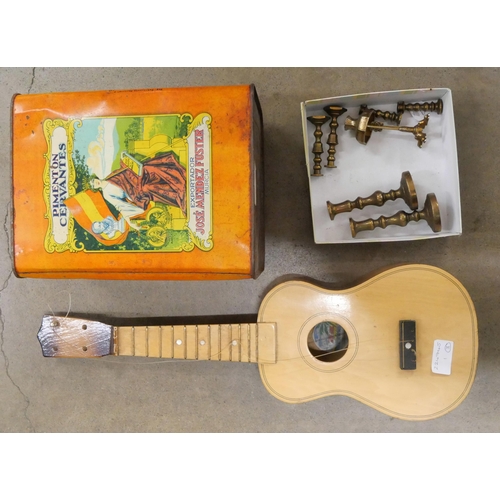 2270 - Miniature brass candlesticks and standard lamp, a ukulele and a metallic tin box with lid **PLEASE N... 