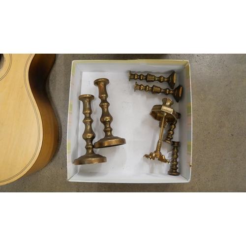 2270 - Miniature brass candlesticks and standard lamp, a ukulele and a metallic tin box with lid **PLEASE N... 