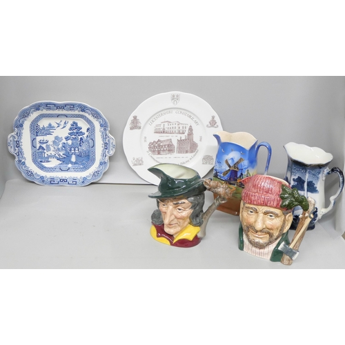 2273A - Three Royal Doulton large character mugs, a Wedgwood plate, two other plates and two jugs **PLEASE N... 