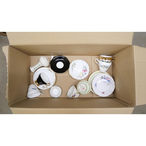 2277 - Three boxes of mixed china including Belleek, Royal Albert, Coalport, cased flatware, plated cruet, ... 