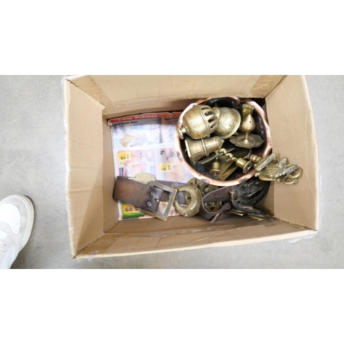 2278 - Two boxes of metal wares including brass, copper and pewter **PLEASE NOTE THIS LOT IS NOT ELIGIBLE F... 