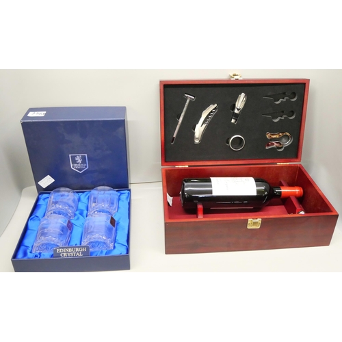 2282 - A set of four Villeroy and Boch champagne flutes and a cased bottle of Chateau Greysac Medoc and bar... 