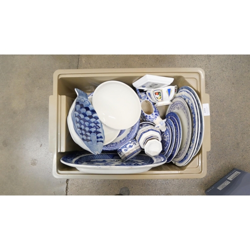 2293 - A collection of blue and white china including Meakin Old Willow, two Chinese ginger jars, two Famil... 