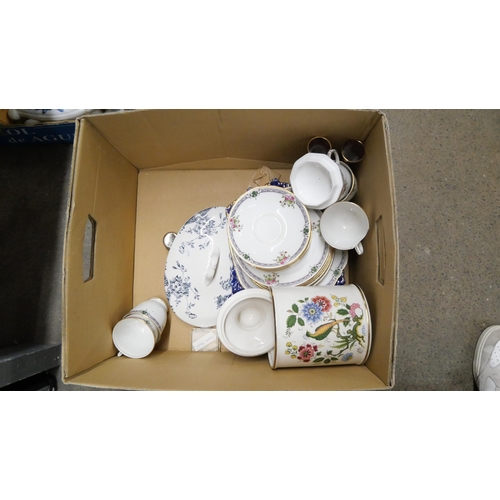 2297 - Six boxes of assorted figures and assorted china and a glass cake stand and dome **PLEASE NOTE THIS ... 