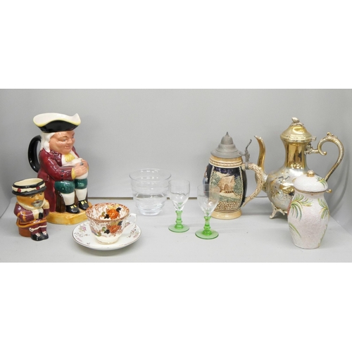 2302 - A collection of tea sets including Sadler, plated coffee and tea pot, a Toby jug, a stein, etc. **PL... 